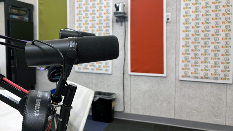 Professional studio microphone in a podcast recording studio