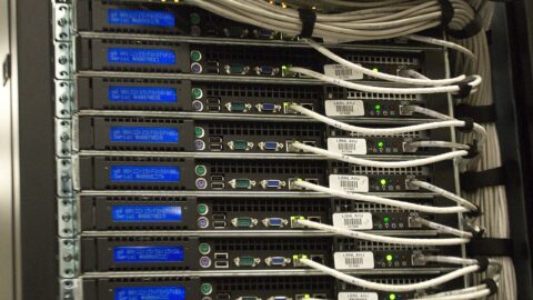 Closeup of server rack cabling in a data center