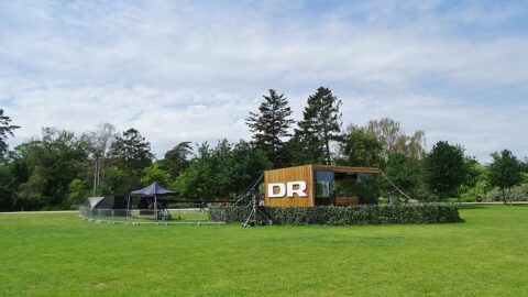 Outdoor television broadcast studio with cameras on a grass field